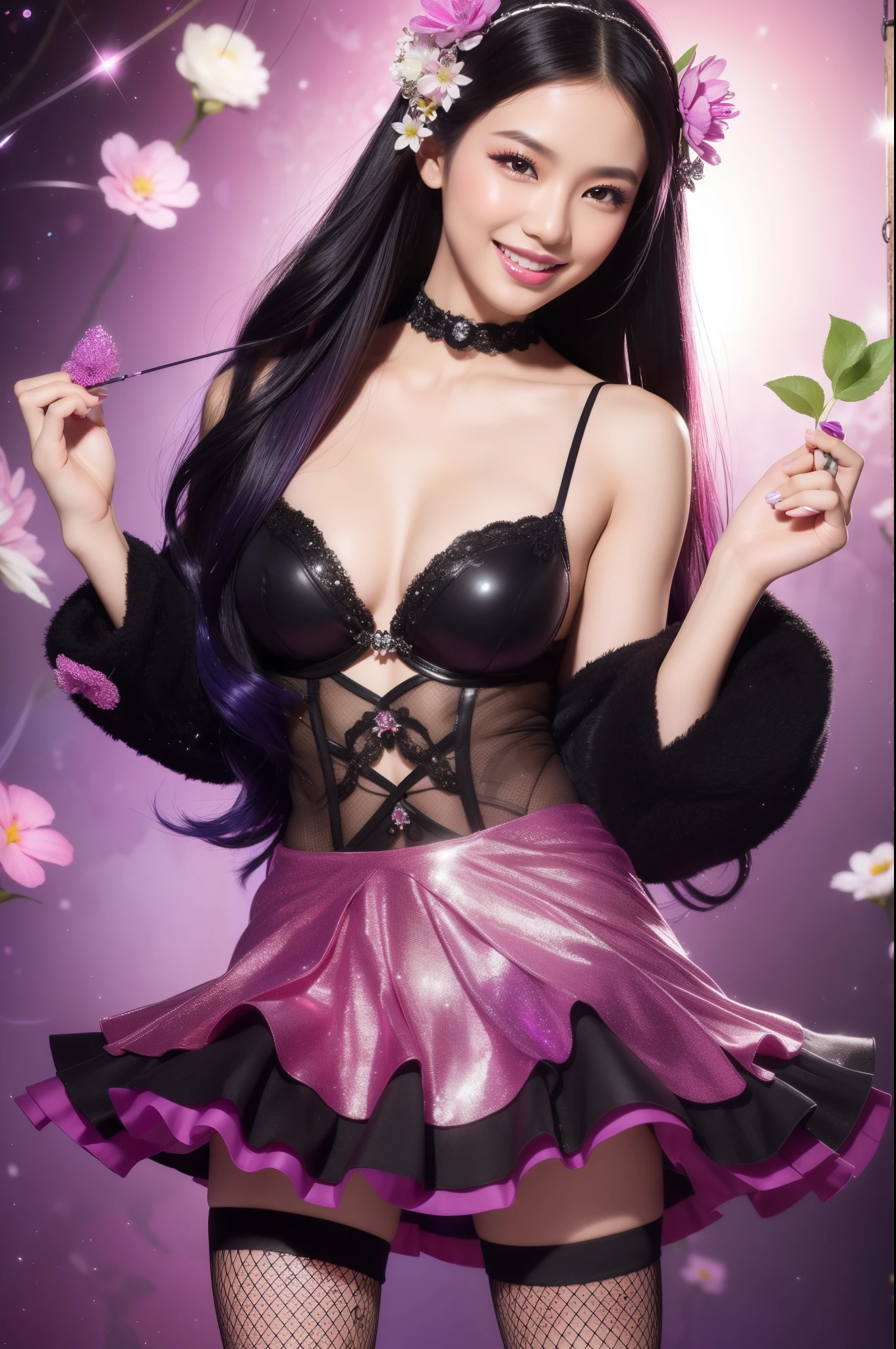 sexy Thai model who controls poison、beautiful smile、lipgloss、smokey eyeshadow、look at the camera、full body Esbian、、sparkling poisoned flower costume、、、、sparkling Colorful hair、secrete poison、skull hair accessories、fishnet tights、shiny sparkling flowers background