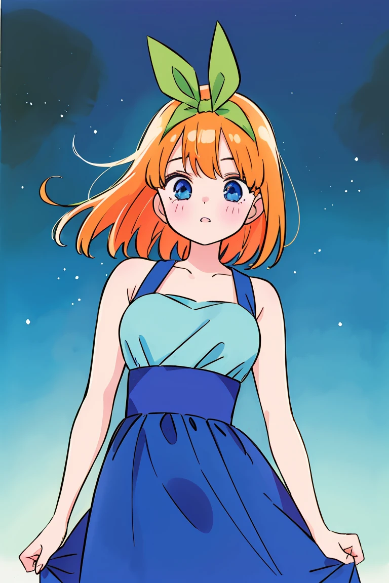 Yotsuba nakano, green ribbon, dancing in the moonlight, dynamic pose, moonlight background, full body, dancing girl, pretty flowing dress, wind, sweet dreamy face, (Old anime, vintage anime, 90's anime style, naoko takeuchi style, masterpiece、top-quality, Official art、Beautifully Aesthetic:1.2)、(a beauty girl:1.3)、vivid colours、colourful, magical photography, dramatic lighting, intricate details, (1 girl, solo, alone), , sfw, nakano_yotsuba, blue eyes, indigo eyes, aayotsuba, sparkling blue eyes, sfw, pretty teenage girl with shoulder length orange hair, hair ribbon, green ribbon, heart shaped lips and blue eyes making a cute face, blushing, aayotsuba, Nakano yotsuba from The Quintessential Quintuplets, yotsuba Nakano, masterpiece, 4k, ultradetailed, cowboy shot, shoulder lenght orange hair,, blushing,, blue eyes, innocent, pure, kawaii, tender, lovely, cheery, cute
