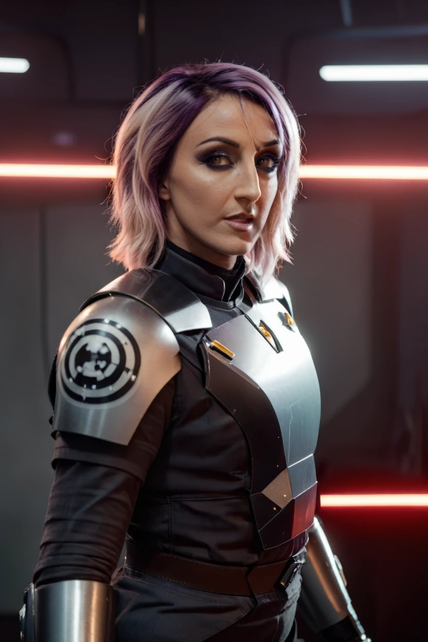 a photograph of a blonde Jessica Nigri cinematic photo sabine wren wearing armor at observatory. 35mm photograph, film, bokeh, professional, shot by david lachapelle, 4k, highly detailed