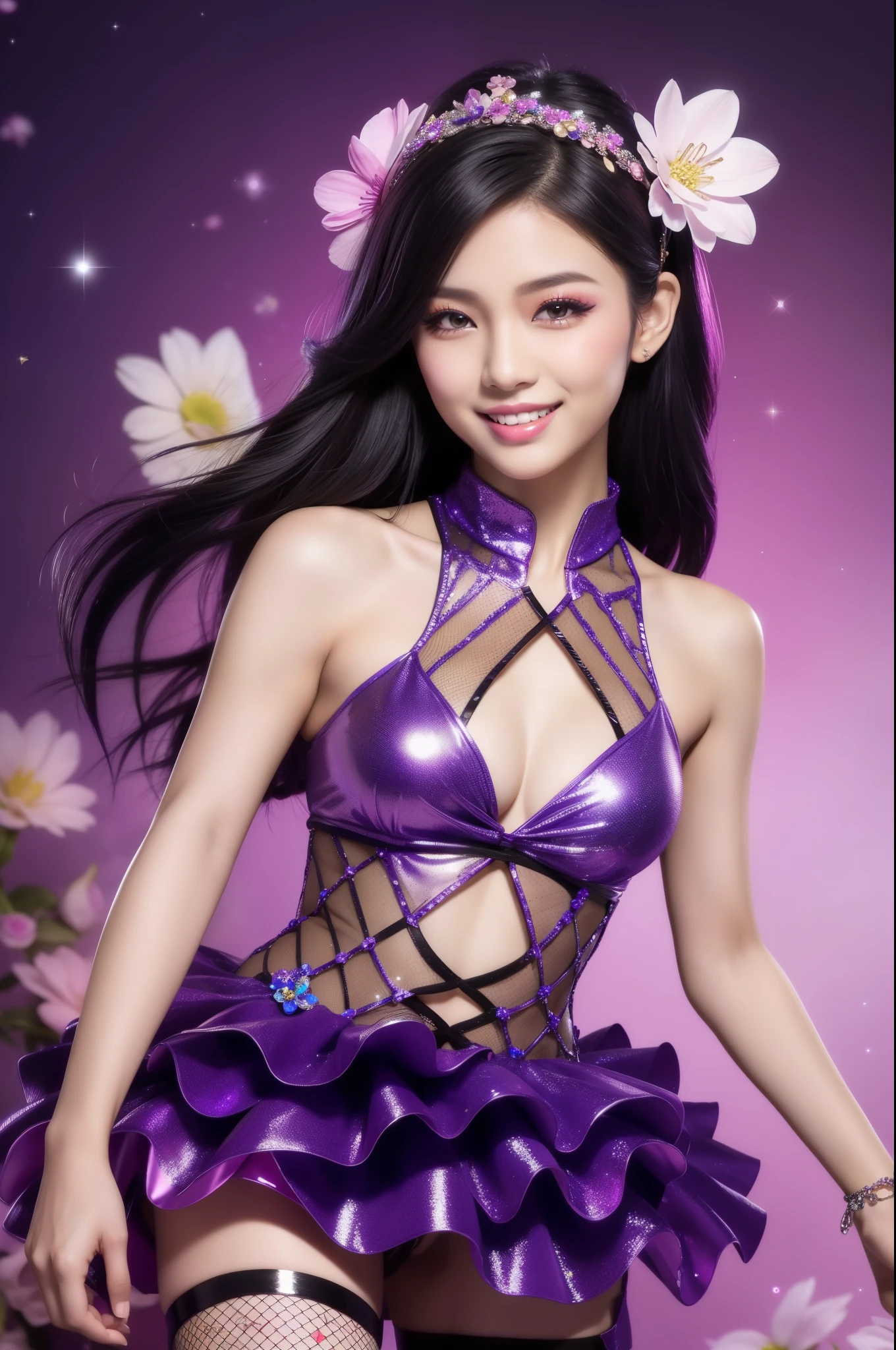 sexy Thai model who controls poison、beautiful smile、lipgloss、smokey eyeshadow、look at the camera、full body Esbian、、sparkling poisoned flower costume、、、、sparkling Colorful hair、secrete poison、skull hair accessories、fishnet tights、shiny sparkling flowers background