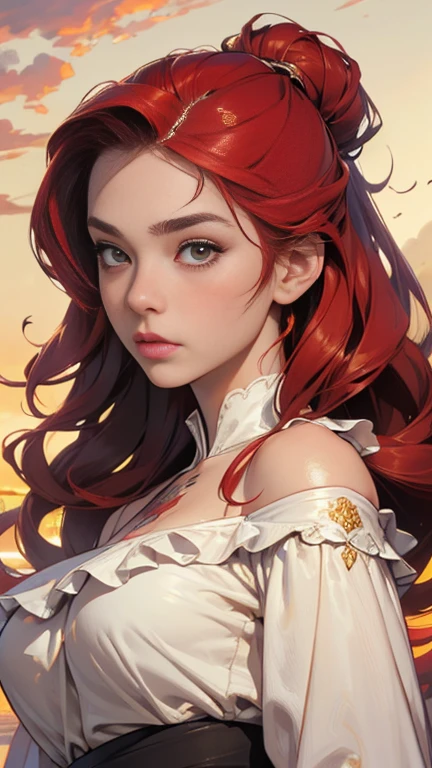 (8K, highest quality, masterpiece:1,2), (realistic, Photoreal:1.37), Super detailed, one girl,), (very detailed), (detailed and beautiful eyes), (highest qualityの), (Super detailed ), (masterpiece), (detailed face),woman((19 years old)),portrait, red hair, yellow-white eyes, Long Hair, red hairのhair ,hair((red, 彼女のFront hairは下がっている,length)), Wavy hair, Front hair, background golden hour, zero, to the chest, White blouse with ruffles, race, neck tattoo, tv tattoo、off shoulder