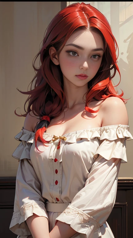 (8K, highest quality, masterpiece:1,2), (realistic, Photoreal:1.37), Super detailed, one girl,), (very detailed), (detailed and beautiful eyes), (highest qualityの), (Super detailed ), (masterpiece), (detailed face),woman((19 years old)),portrait, red hair, yellow-white eyes, Long Hair, red hairのhair ,hair((red, 彼女のFront hairは下がっている,length)), Wavy hair, Front hair, background golden hour, zero, to the chest, White blouse with ruffles, race, neck tattoo, tv tattoo、off shoulder