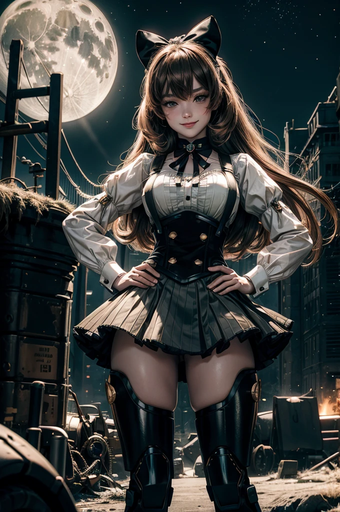  smile, hands on hips,  underbust, Penny Polendina, long hair, neck ribbon, suspender skirt, corset, black bow, white blouse, mechanical legs, neon trim, outdoors, dynamic pose, night, stars, moon, standing on old suspension bridge, river, wrecked vehicle, post-apocalypse, dystopian future, crowd, (crowd in military uniforms), bonfires, 
