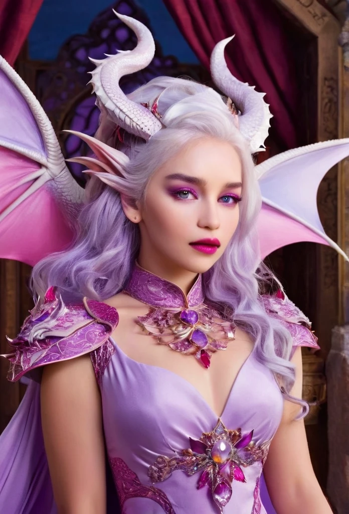 Queen of the White Dragon, mulher jovem, "EMÍLIACLARKE", elegant lilac Ruby dress, mama grande, Curvy, dragon ling vawy hair, Cabelos Super Longos, soft facial features, White dragon horns on his head, mulher majestosa, silver decoration on her lilac Ruby dress, Rainha Estrela Prateada, Grandes olhos violet, cherry lips, White dragons, starly sky