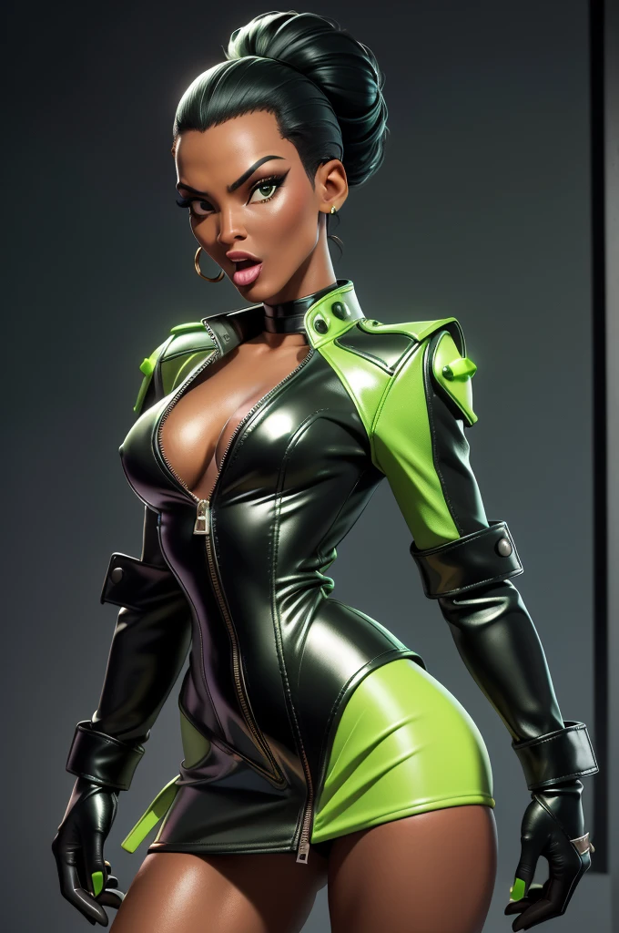 obra prima, melhor qualidade, ((only one woman,)) ((grace jones, black skin,)) head back, ((sexy sultry wicked look, open mouth, pucker mouth,)) thick smoky black eye shadow, long fake eyelashes, ((wearing metallic forest green leather biker blazer,)) ((jacket is unzipped and wide open, small breasts, nip slip,)) jacket has padded puff shoulders, shiny leather gloves, ((metallic lime green micro mini leather skirt,)) body is skinny, shiny tight buttocks, sexy glamour pose, arched back, (camera view of whole body,) looking up at me, shallow depth of field, highres, HD, 8k, anatomically correct