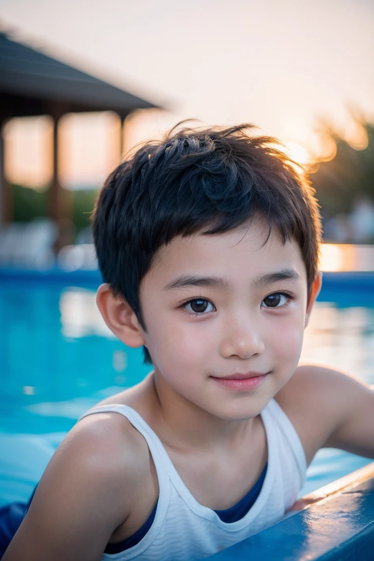 A 10-year-old Alafed boy wearing a tank top, A small smile, View your viewers, A cute boy, Close-up portrait, Happy kids, Young Boy, Expression of joy, medium Portrait Soft Light, kid a, Young and pretty Asian face, Realistic body lines, At the beach pool, At sunset, The sunlight casts a subtle glow on his face., highlight his features、Create dynamic visuals, Bright photo, Portrait Soft Light, Disney Avatar