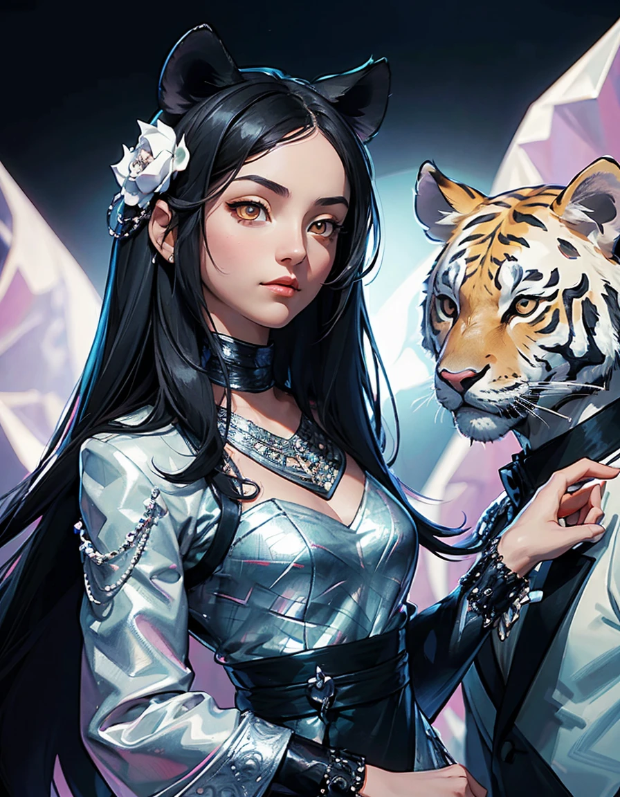 A girl with black hair and white eyes, dressed in dark , stands next to an anthropomorphic tiger, both looking at the camera. The background is adorned with intricate patterns of flowers and leaves., with a black color scheme, taken from a low angle shot, with high resolution and high detail, a masterpiece. --ar 3:4 --niji 6