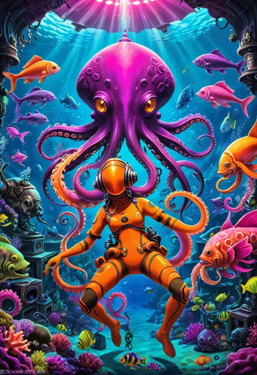abyssal creatures dancing under the sea, PSYCHEDELIC, love craft, ruins,dj wearing diving suit, undersea, scary fish, rave , Giant Octopus, crowd ,pirates, giant speaker, cerulean,Violette,Pink,Unripe, orange