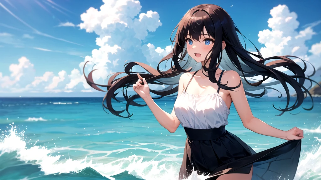 (looking back at the viewer),full body,low angle,from below,((both arms down)),(White elegant summer dress,one piece swimsuit),((1girl,cute,young,semi long beautiful black hair blunt bangs,beautiful eyes)),(solo),((masterpiece, highest resolution,best quality)), (beautiful illustration),(looking at the viewer), innocent smile,cinematic lighting,beautiful emerald green beach, white sand,waves,clouds,blue sky
