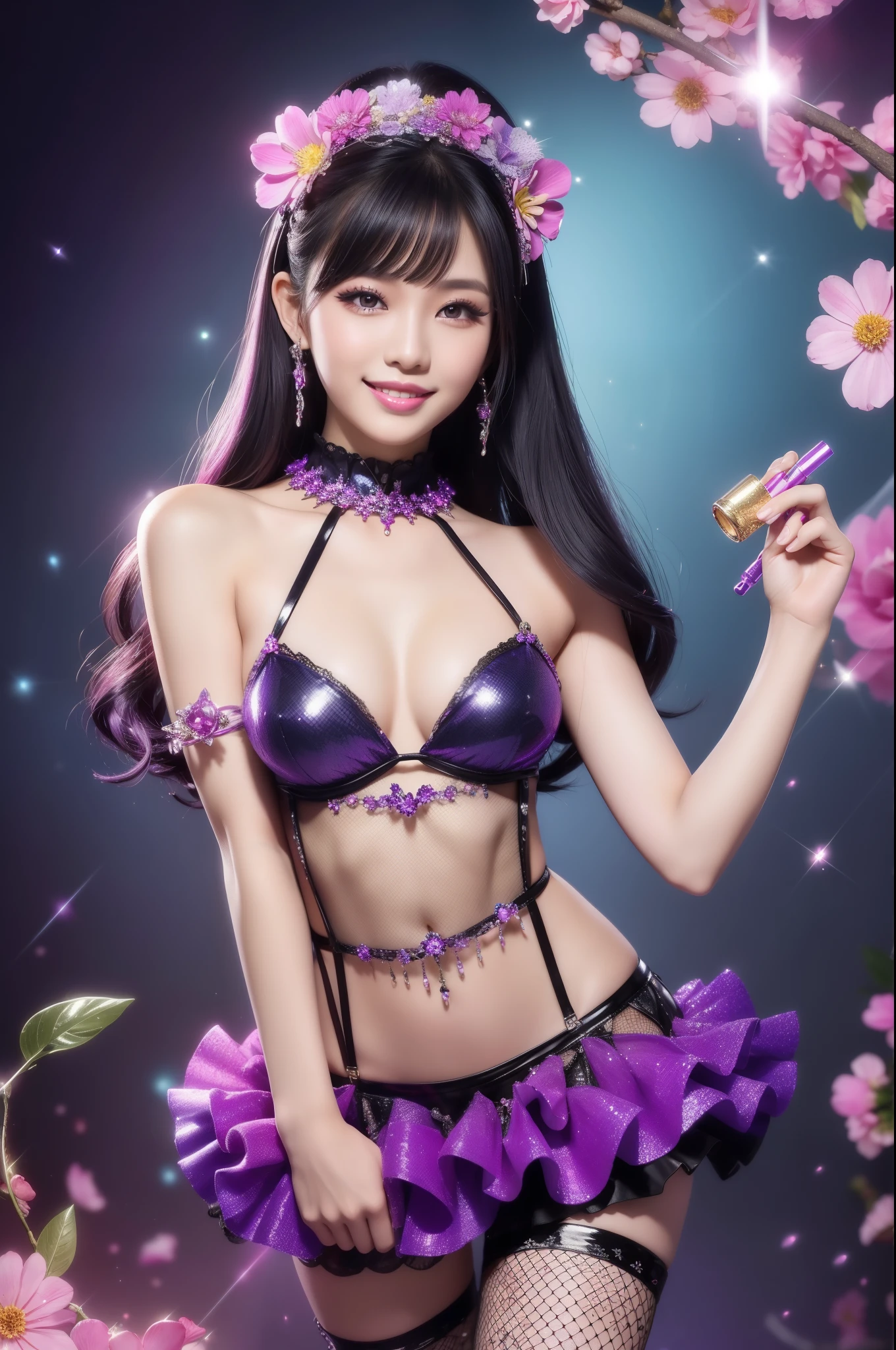 sexy Thai model who controls poison、beautiful smile、lipgloss、smokey eyeshadow、look at the camera、full body Esbian、、sparkling poisoned flower costume、、、、sparkling Colorful hair、secrete poison、skull hair accessories、fishnet tights、shiny sparkling flowers background