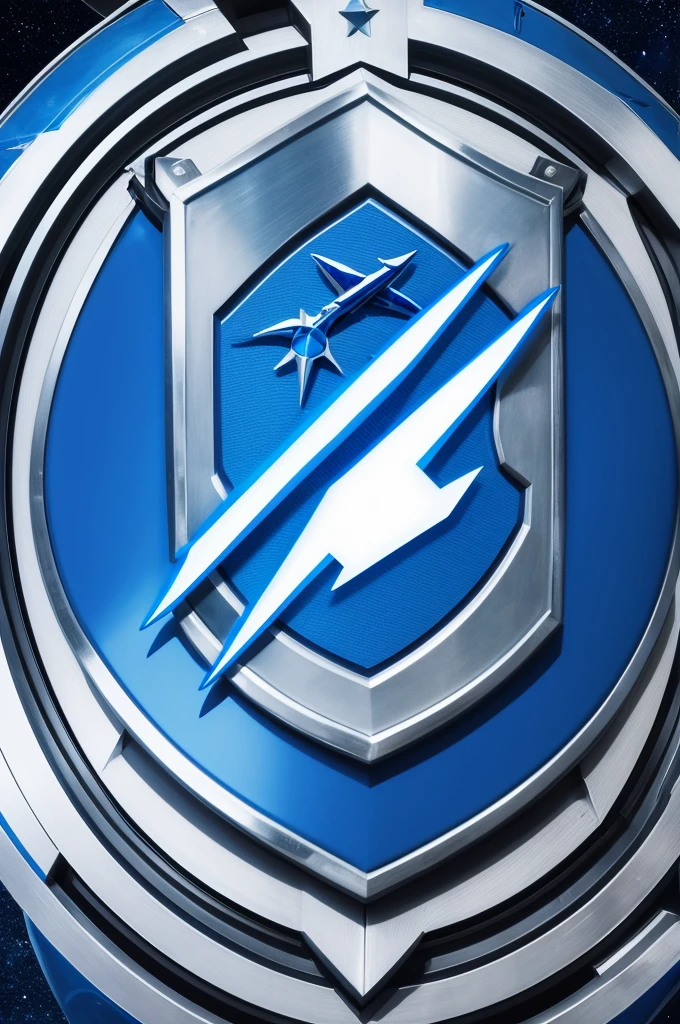 Logo of a shield with a blue spaceship superimposed on the bottom of the shield and letters per aspera ad astra in silver