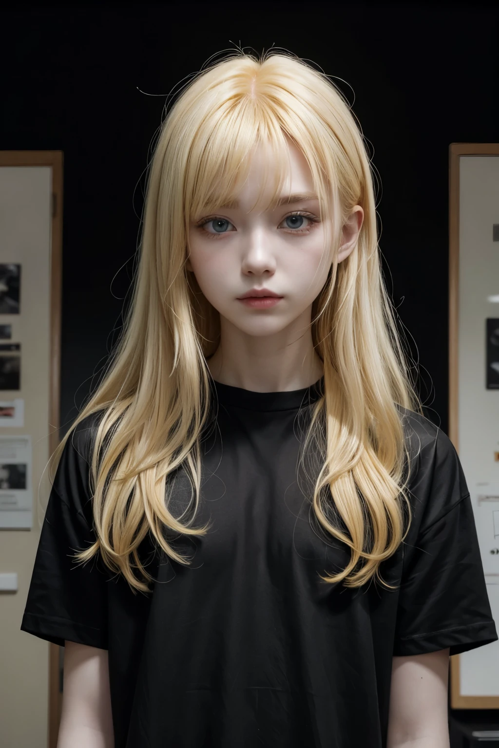 A yellow haired cartoon character ,pale skin,a black shirt