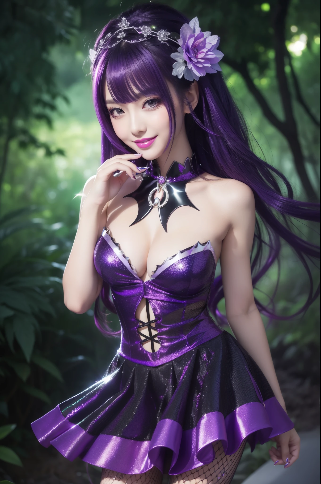 sexy stylish female who controls poison、beautiful smile、lipgloss、long lashes、intense makeup、look at the camera、full body Esbian、、sparkling poisoned flower costume (purple)、、、、shiny sparkling multicolor hair、secrete poison、skull hair accessories、fishnet tights、shiny sparkling dark magic forest background