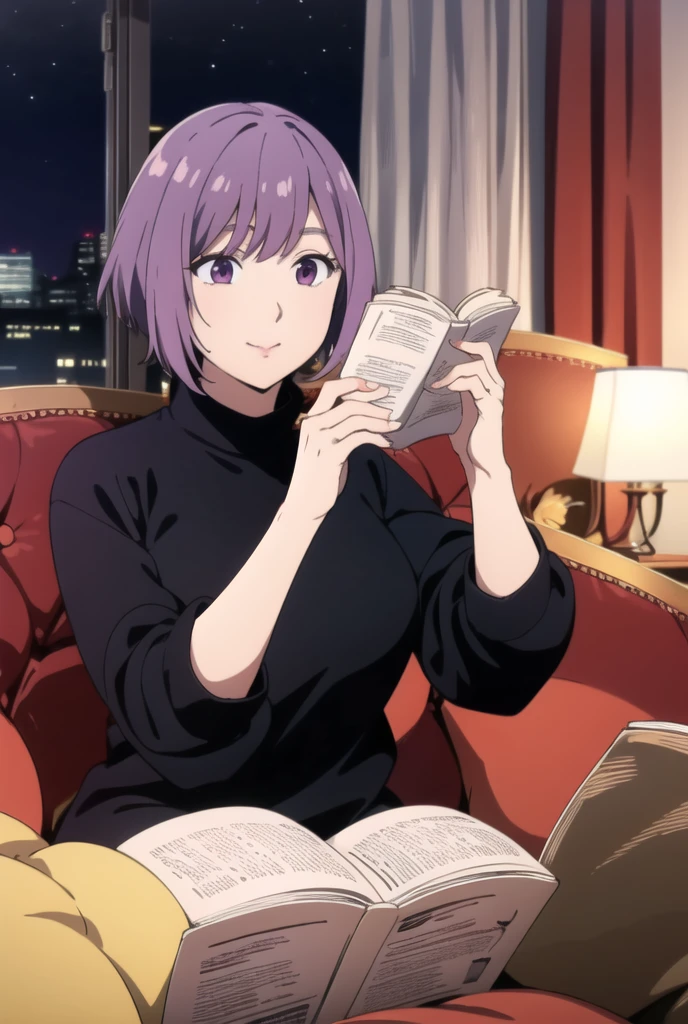 ayane sakura, night, warm light, reading a book, relaxing on couch, wool sweater dress, hair black
