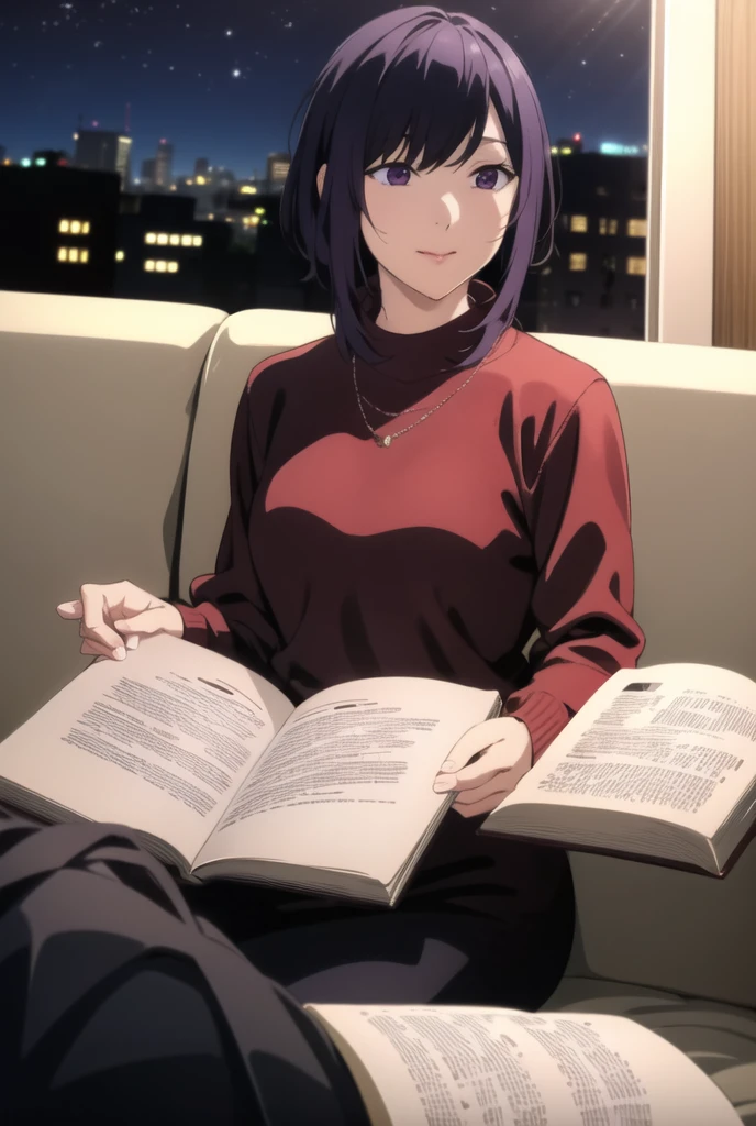 ayane sakura, night, warm light, reading a book, relaxing on couch, wool sweater dress, hair black
