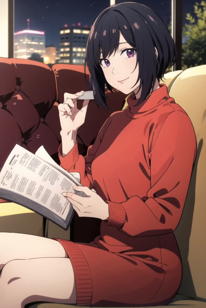 ayane sakura, night, warm light, reading a book, relaxing on couch, wool sweater dress, hair black
