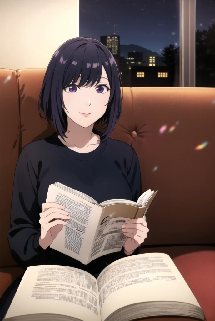 ayane sakura, night, warm light, reading a book, relaxing on couch, wool sweater dress, hair black
