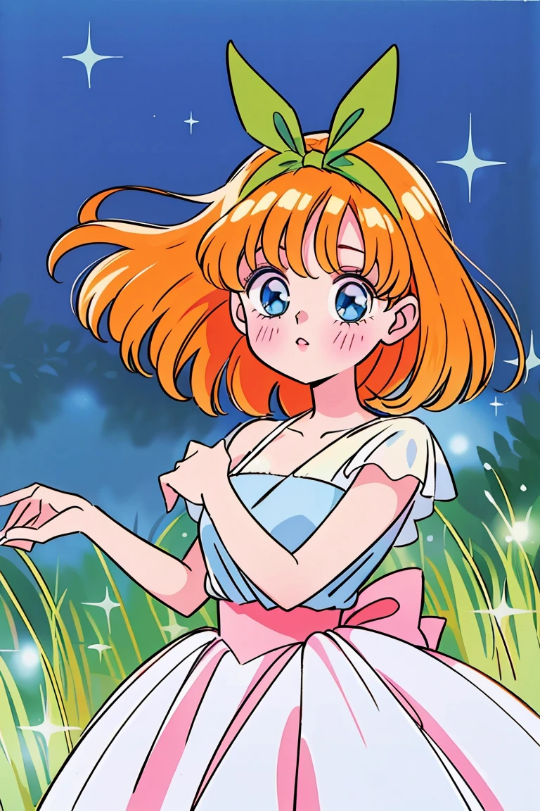 Yotsuba nakano, green ribbon, dancing in the moonlight, dynamic pose, moonlight background, full body, dancing girl, pretty flowing dress, wind, sweet dreamy face, (Old anime, vintage anime, 90's anime style, naoko takeuchi style, masterpiece、top-quality, Official art、Beautifully Aesthetic:1.2)、(a beauty girl:1.3)、vivid colours、colourful, magical photography, dramatic lighting, intricate details, (1 girl, solo, alone), , sfw, nakano_yotsuba, blue eyes, indigo eyes, aayotsuba, sparkling blue eyes, sfw, pretty teenage girl with shoulder length orange hair, hair ribbon, green ribbon, heart shaped lips and blue eyes making a cute face, blushing, aayotsuba, Nakano yotsuba from The Quintessential Quintuplets, yotsuba Nakano, masterpiece, 4k, ultradetailed, cowboy shot, shoulder lenght orange hair,, blushing,, blue eyes, innocent, pure, kawaii, tender, lovely, cheery, cute
