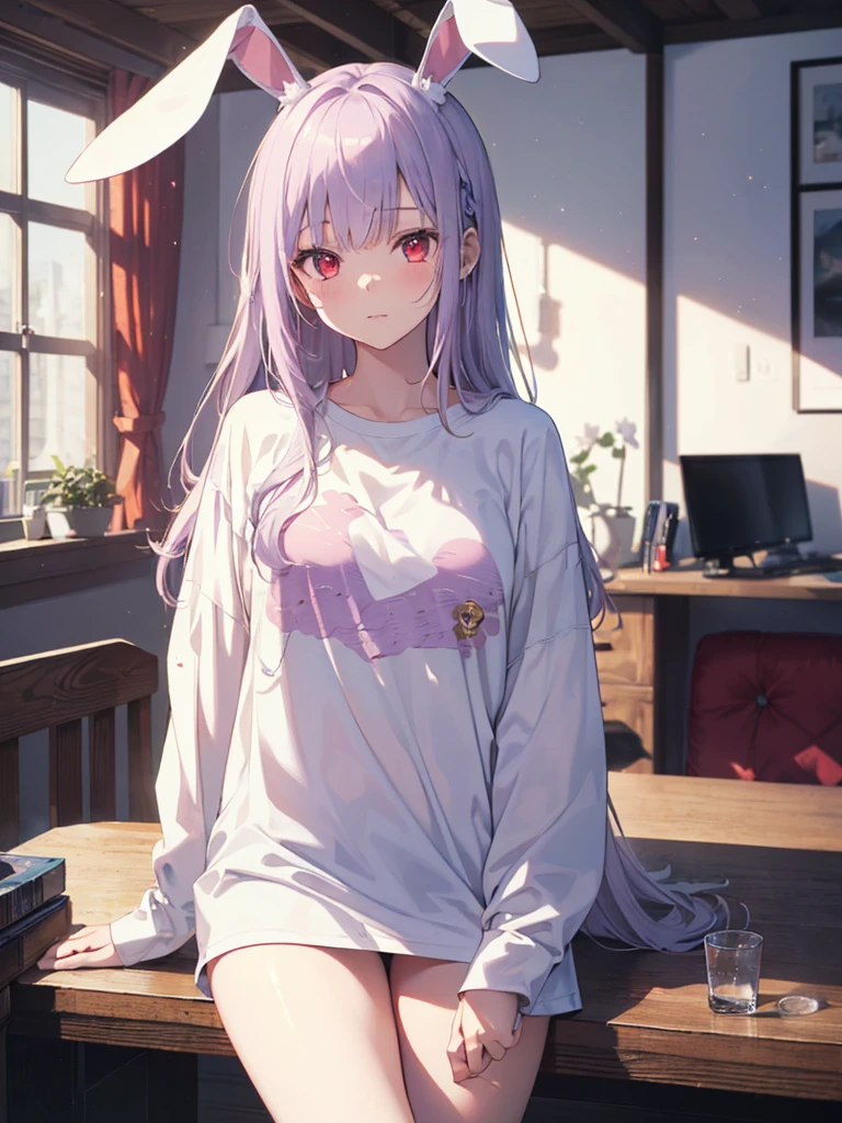 Realistic,highest quality, Ultra Detail, High-quality CG rendering, The most delicate and beautiful, Floating softly, High resolution, (1 girl), (Highest quality,4K,8K,masterpiece:1.2), Light purple hair,Rabbit,Bunny ears,Long Hair,Red eyes,(white oversized long sleeve t-shirt:1.3),Inside the room