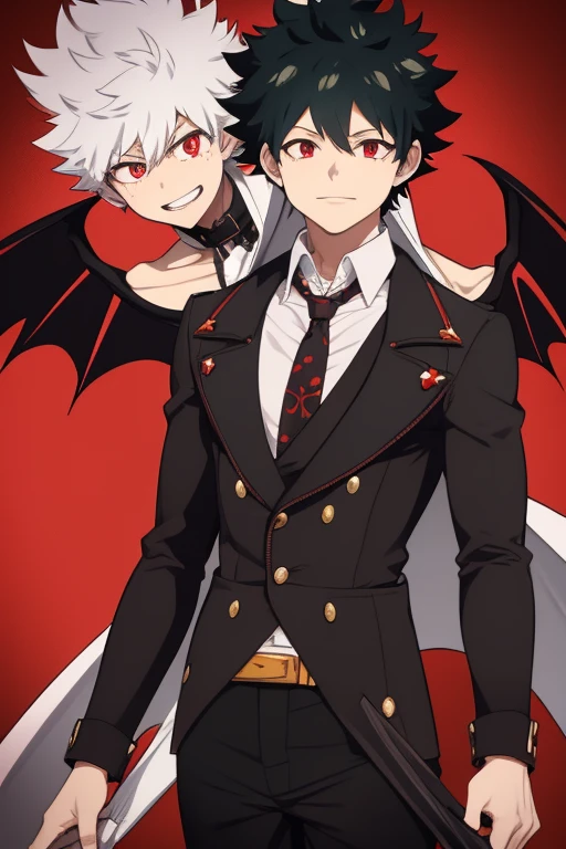 Izuku Midoriya from My Hero Academia, Vampire, incubus, red eyes and white hair, bat wings, black clothes, black steampunk pants, red shirt, black vest, pale skin. Looking straight at the viewer