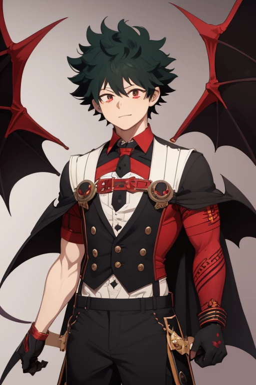 Izuku Midoriya from My Hero Academia, Vampire, incubus, red eyes and white hair, bat wings, black clothes, black steampunk pants, red shirt, black vest, pale skin. Looking straight at the viewer