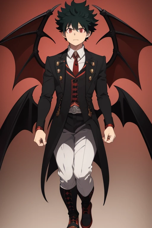 Izuku Midoriya from My Hero Academia, Vampire, incubus, red eyes and white hair, bat wings, black clothes, black steampunk pants, red shirt, black vest, pale skin. Looking straight at the viewer