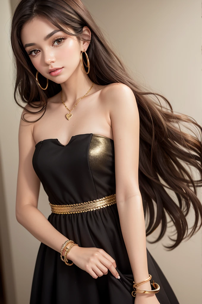 Imagine a brunette with long dark brown hair ,light brown eyes and beautiful eyelashes,black strapless dress,medium gold hoop earrings,Pandora bracelet on the left wrist with small heart charms, disney