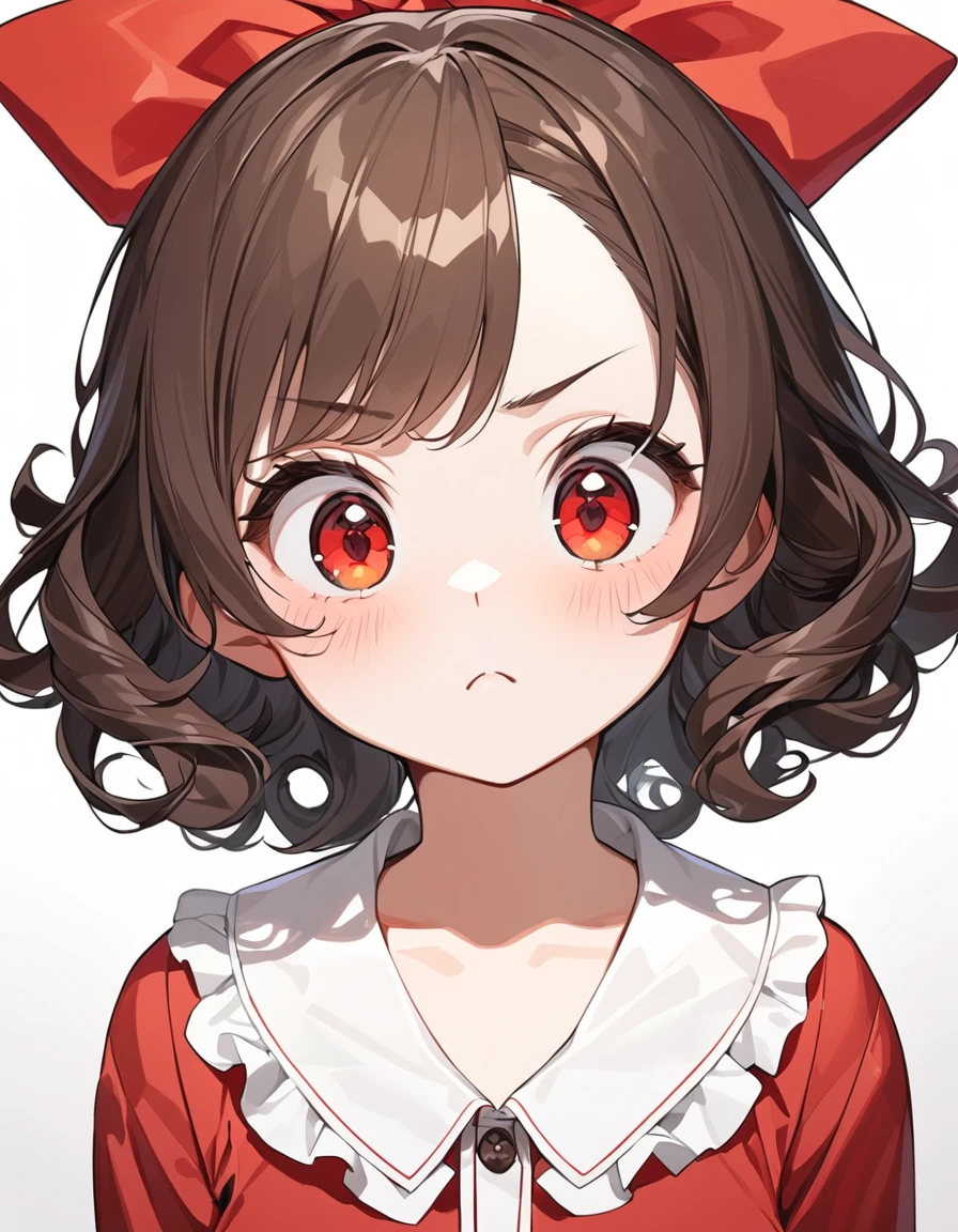 1girl, {masterpiece,best quality,ultra-detailed,beautiful detailed eyes}, {dark brown hair, short hair, flipped hair, curly hair,katyume, large hair ribbon, parted bangs}, {Gradient eyes from black to red, round eyes, cute eyes}, cute girl, , simple background,white background,frown,angry, kubrick stare, shirred blouse, kawaii