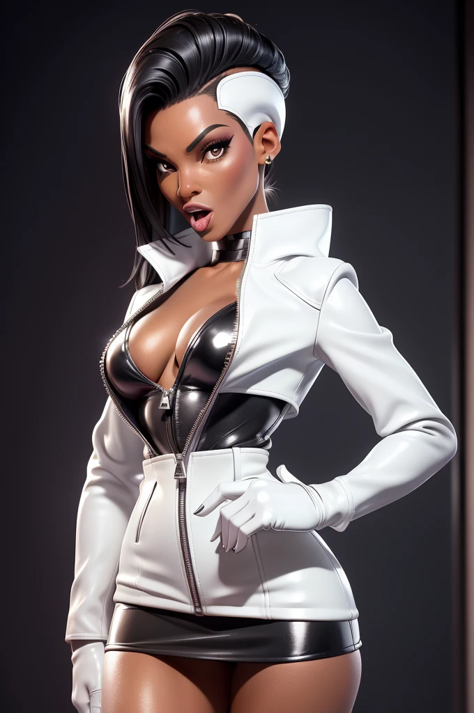obra prima, melhor qualidade, ((only one woman,)) ((grace jones, black skin,)) head back, ((sexy sultry wicked look, open mouth, pucker mouth,)) thick smoky black eye shadow, long fake eyelashes, ((wearing metallic white leather biker blazer,)) ((jacket is unzipped and wide open, small breasts, nip slip,)) jacket has padded puff shoulders, shiny leather gloves, ((metallic white micro mini leather skirt,)) body is skinny, shiny tight buttocks, sexy glamour pose, arched back, (camera view of whole body,) looking up at me, shallow depth of field, highres, HD, 8k, anatomically correct