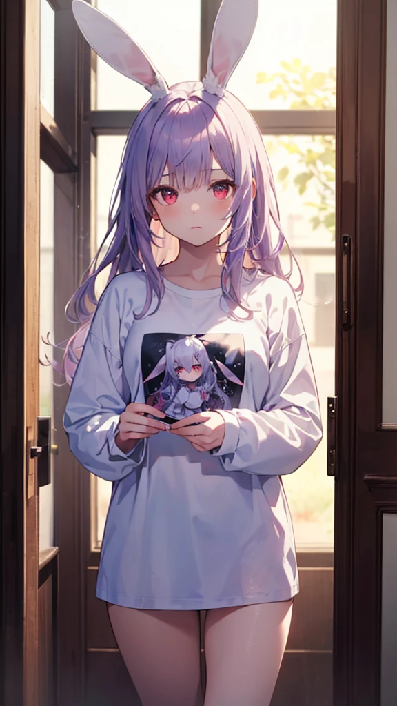 Highest quality,Girl,Silver Hair,Long Hair,Straight Hair,Purple Eyes,Teddy bear,Bedroom,????? shirt,Close your right eye