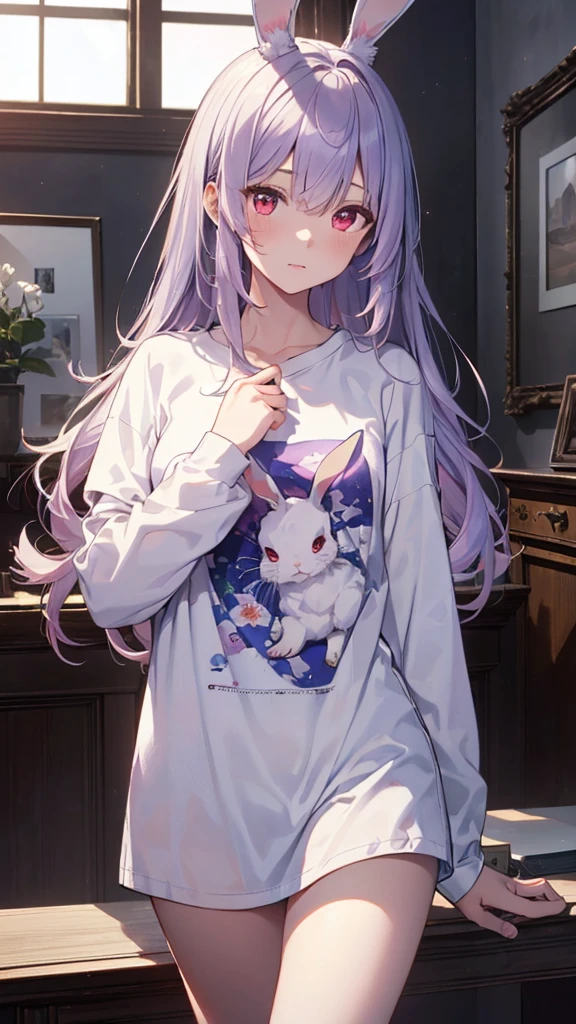 Realistic,highest quality, Ultra Detail, High-quality CG rendering, The most delicate and beautiful, Floating softly, High resolution, (1 girl), (Highest quality,4K,8K,masterpiece:1.2), Light purple hair,Rabbit,Bunny ears,Long Hair,Red eyes,(white oversized long sleeve t-shirt:1.3),Inside the room