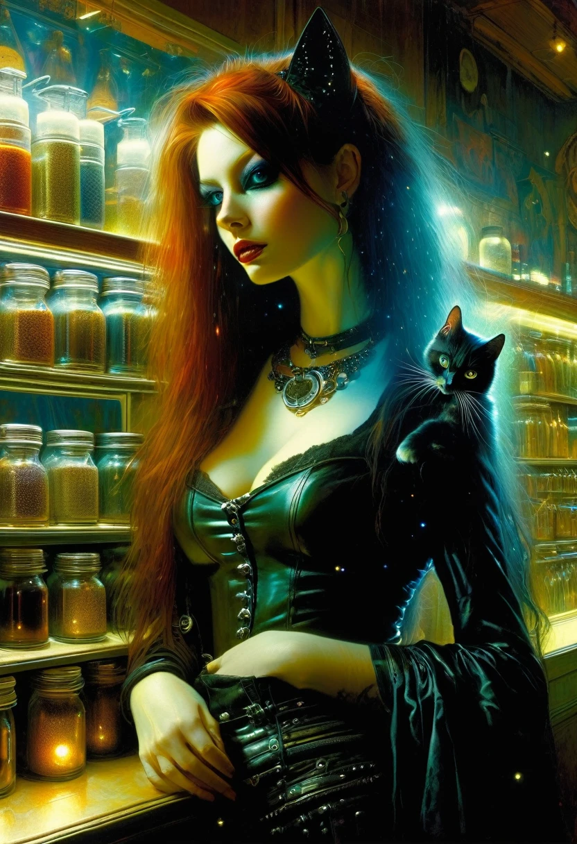 a sexy girl with a punk-gothic appearance and long hair whith a cat attends the shop at the counter, fantastic shop, disturbing, strange, unnatural, (Rembrandt Lighting: 1.3) light particles, shop with large jars, jars with eyes, jars with heads, close-up of upper body, fantastic angles (art inspired by Bill Sienkiewicz, oil painting) (best quality,4k,8k,highres,masterpiece:1.2),ultra-detailed,(realistic,photorealistic,photo-realistic:1.37),intricate details,vivid colors,sharp focus,professional,Dave McKean artwork, oil touch of surrealism,oil painting style
