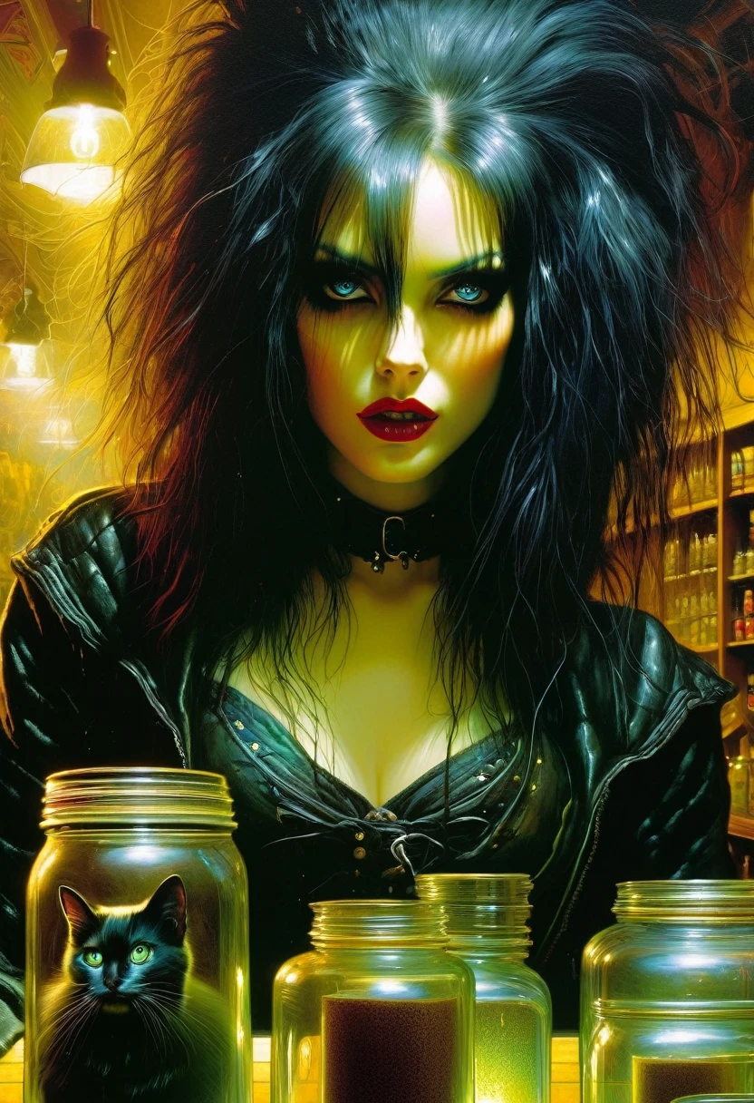 splash art, alcohol ink, detailed painting, adorable cute woman, green skin zombie, dark fantasy, voodoo ambience, glowing, UHD, vivid colors, in style of Tim Burton, magic, digital illustration, luminism, rim lighting