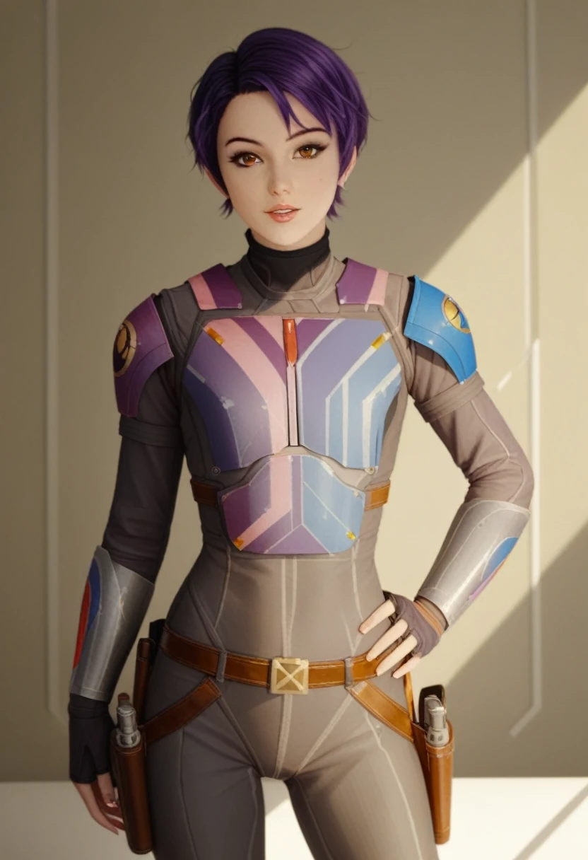 score_9_up, score_8_up, score_7_up, 1girl, solo, mature female, ((Sabin Wren)), purple short hair, pixie haircut, brown eyes, pink lips, parted lips, fit slim body, (((Sabin’s armored suit, brown belt with holster))), (((dark grey Starship room, space in the porthole, detailed furniture, highly detailed interior, blue led backlight))), perfect model body, seductive pose