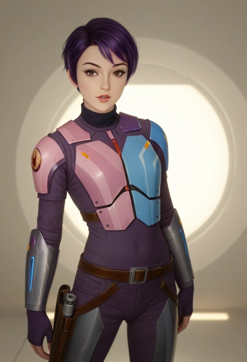 score_9_up, score_8_up, score_7_up, 1girl, solo, mature female, ((Sabin Wren)), purple short hair, pixie haircut, brown eyes, pink lips, parted lips, fit slim body, (((Sabin’s armored suit, brown belt with holster))), (((dark grey Starship room, space in the porthole, detailed furniture, highly detailed interior, blue led backlight))), perfect model body, seductive pose