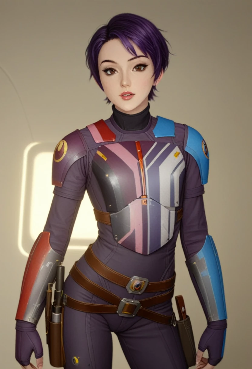 score_9_up, score_8_up, score_7_up, 1girl, solo, mature female, ((Sabin Wren)), purple short  hair, pixie haircut, brown eyes, pink lips, parted lips, fit slim body, (((Sabin’s armored suit, brown belt with holster))), (((dark grey Starship room, space in the porthole, detailed furniture, highly detailed interior, blue led backlight))), perfect model body, seductive pose