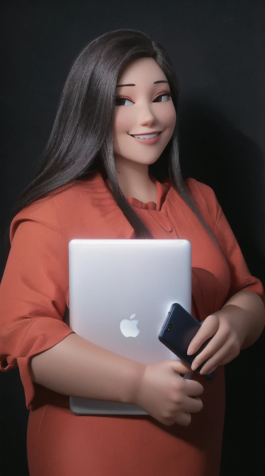 Create a woman with elegant body smiling social media with an apple notebook in her hand and a cell phone, 3d pixar style