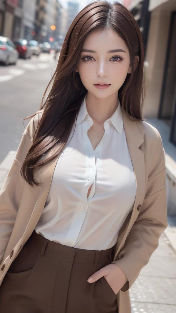 ((Highest quality, 8K, masterpiece :1.3)), Sharp focus :1.2, Beautiful woman with perfect figure :1.4, Slim Abs :1.2, ((Dark brown hair, :1.2)), (White button-up long shirt :1.1), City Street:1.2, Highly detailed face and skin texture, fine grain, double eyelid、Large Breasts、Cleavage、good