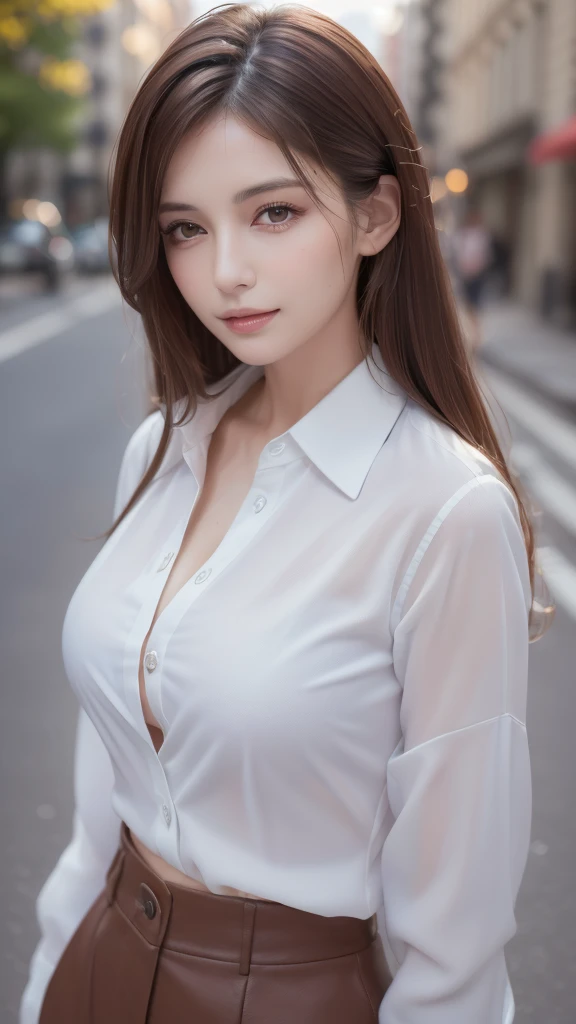 ((Highest quality, 8K, masterpiece :1.3)), Sharp focus :1.2, Beautiful woman with perfect figure :1.4, Slim Abs :1.2, ((Dark brown hair, :1.2)), (White button-up long shirt :1.1), City Street:1.2, Highly detailed face and skin texture, fine grain, double eyelid、Large Breasts、Cleavage、good