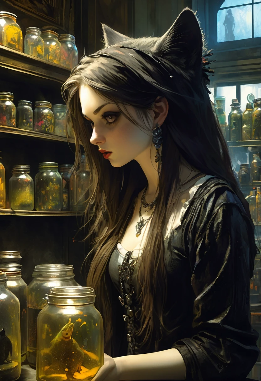 a sexy girl with a punk-gothic appearance and long hair whith a cat attends the shop at the counter, fantastic shop, disturbing, strange, unnatural, (Rembrandt Lighting: 1.3) light particles, shop with large jars, jars with eyes, jars with heads, close-up of upper body, fantastic angles (art inspired by Bill Sienkiewicz, oil painting) (best quality,4k,8k,highres,masterpiece:1.2),ultra-detailed,(realistic,photorealistic,photo-realistic:1.37),intricate details,vivid colors,sharp focus,professional,Dave McKean artwork, oil touch of surrealism,oil painting style
