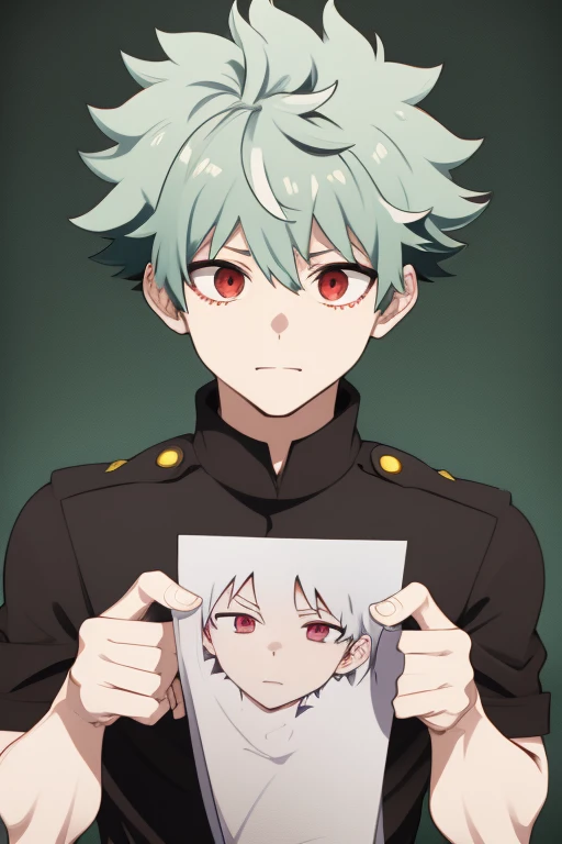 Izuku Midoriya from My Hero Academia red eyes and white hair, pale skin. Looking directly at the viewer