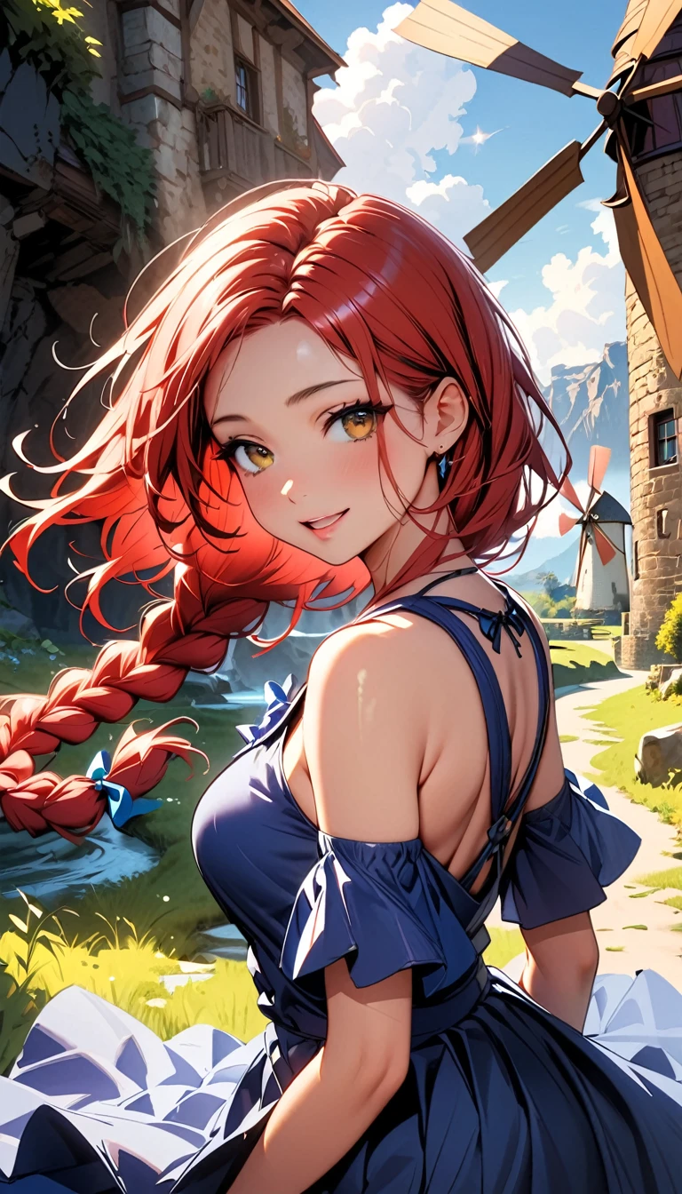 (highest quality:1.2), Very detailed, Vibrant, digital coloring, High Contrast, masterpiece:1.2, highest quality, Best aesthetics, 1 female, red Hair, (single braid:1.5), messy hair, vivid yellow eyes, (((Blue Dress:1.2))), (fantasy landscape:1.4), windmill, Bright lighting, Beautiful world, New World, Blown by the gentle wind, (hot gaze, Hot, beautiful lips, Glossy, Open Mouth, Leaking sigh), Accurate, Textured skin, Cowboy Shot, seductive smile, The beauty and danger of growing from a girl to an adult, A symbol of miraculous beauty.