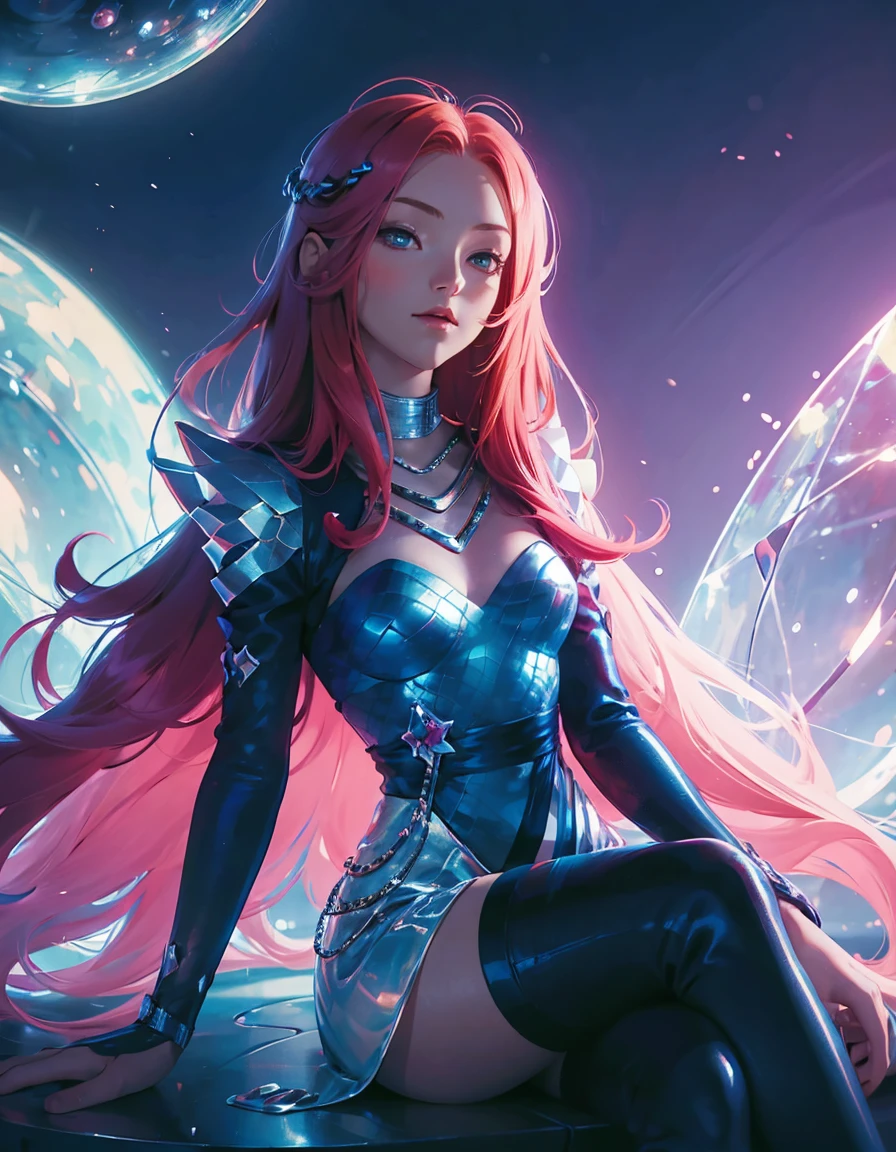 An enchanting illustration of a young girl with red hair and mechanical legs, sitting in a colorful, ethereal landscape. She is surrounded by glowing lights and vibrant colors, wearing a casual outfit. The background combines mechanical and natural elements, creating a magical, otherworldly atmosphere. --ar 3:4 --niji 6