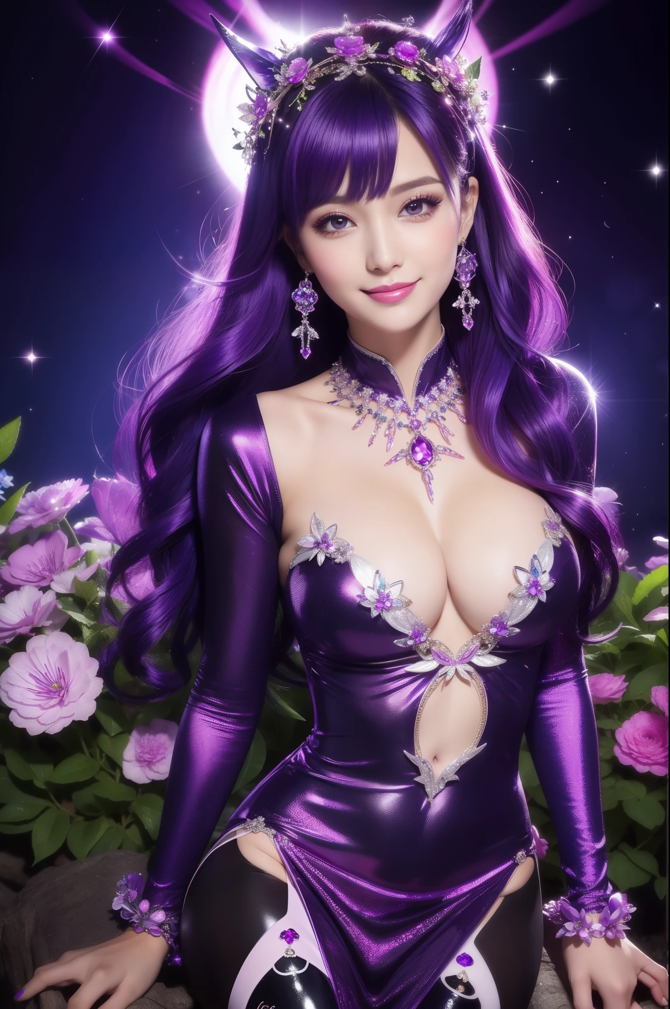 beautiful sexy woman who controls poison、beautiful smile、lipgloss、intense makeup、look at the camera、full body Esbian、、sparkling poisoned flower costume (purple)、、、、shiny sparkling multicolor hair、secrete poison、skull hair accessories schnet tights、shiny sparkling dark magic forest background