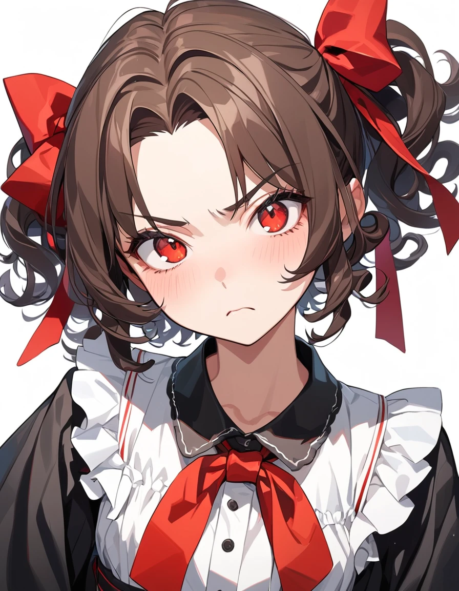 1girl, {masterpiece,best quality,ultra-detailed,beautiful detailed eyes}, {dark brown hair, short hair, flipped hair, curly hair,katyume, hair ribbon, parted bangs}, {Gradient eyes from black to red, round eyes, cute eyes}, cute girl, 17 years old, simple background,white background,frown,angry, kubrick stare, shirred blouse, kawaii
