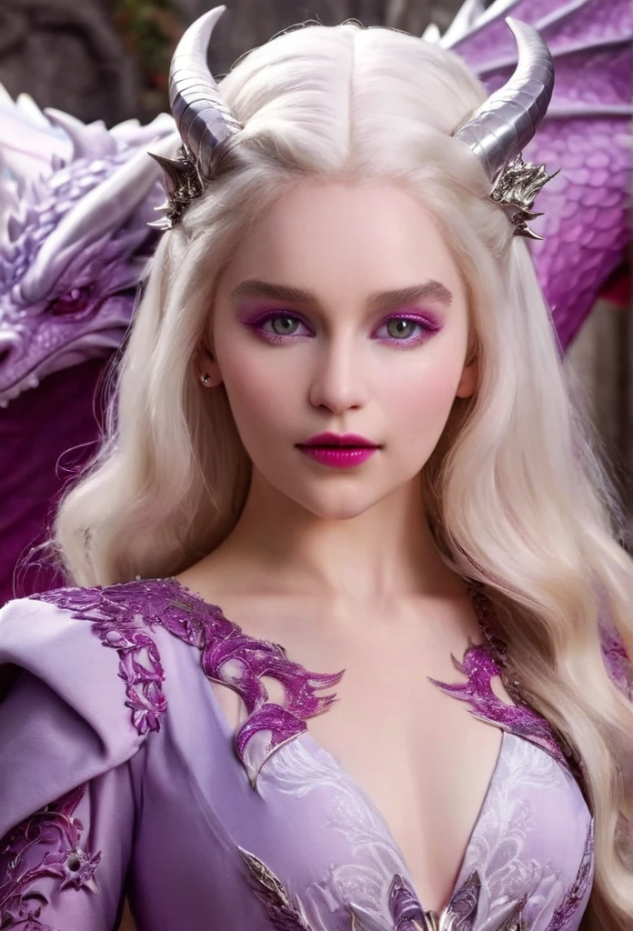 Queen of the White Dragon, young woman, "EMÍLIACLARKE", elegant lilac Ruby dress, large breast, Curvy, hair blonde targaryen, Super Long Hair, soft facial features, White dragon horns on his head, majestic woman, silver decoration on her lilac Ruby dress, Silver Star Queen, Big violet eyes, cherry lips, White dragons, starly sky