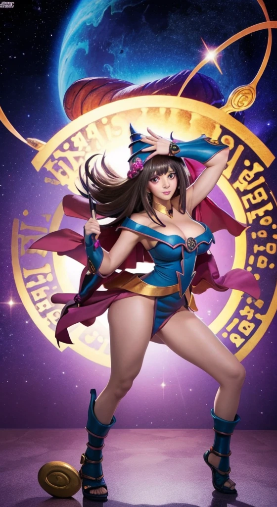 Dark magician girl, she is beautiful, a goddess who looks full body in a sexy pose, you can see her body from head to toe with big breasts and big hips 