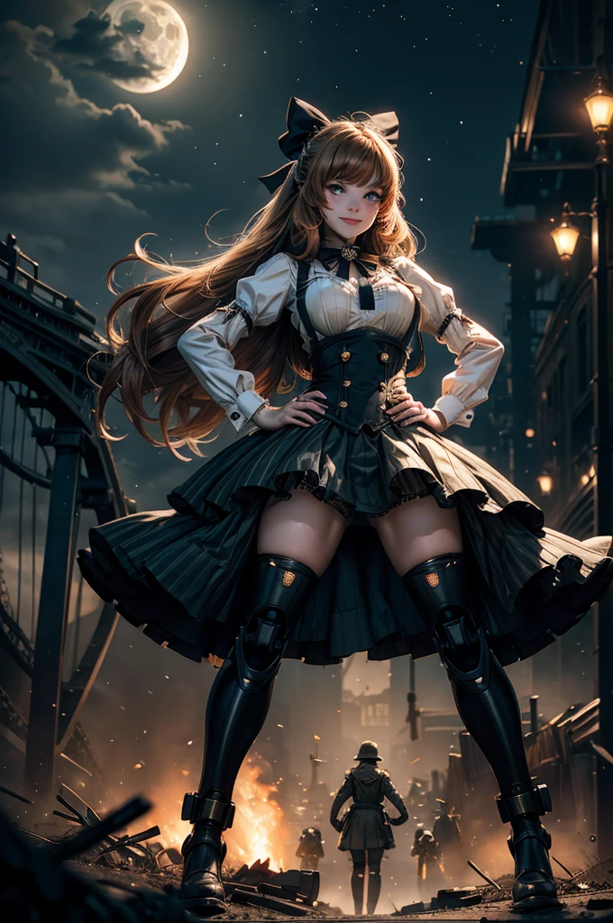 smile, hands on hips, underbust, Penny Polendina, long hair, neck ribbon, suspender skirt, corset, black bow, white blouse, mechanical legs, neon trim, outdoors, dynamic pose, night, stars, moon, standing with crowd on old suspension bridge, river, wrecked vehicle, post-apocalypse, dystopian future, crowd, (crowd in military uniforms), bonfires,