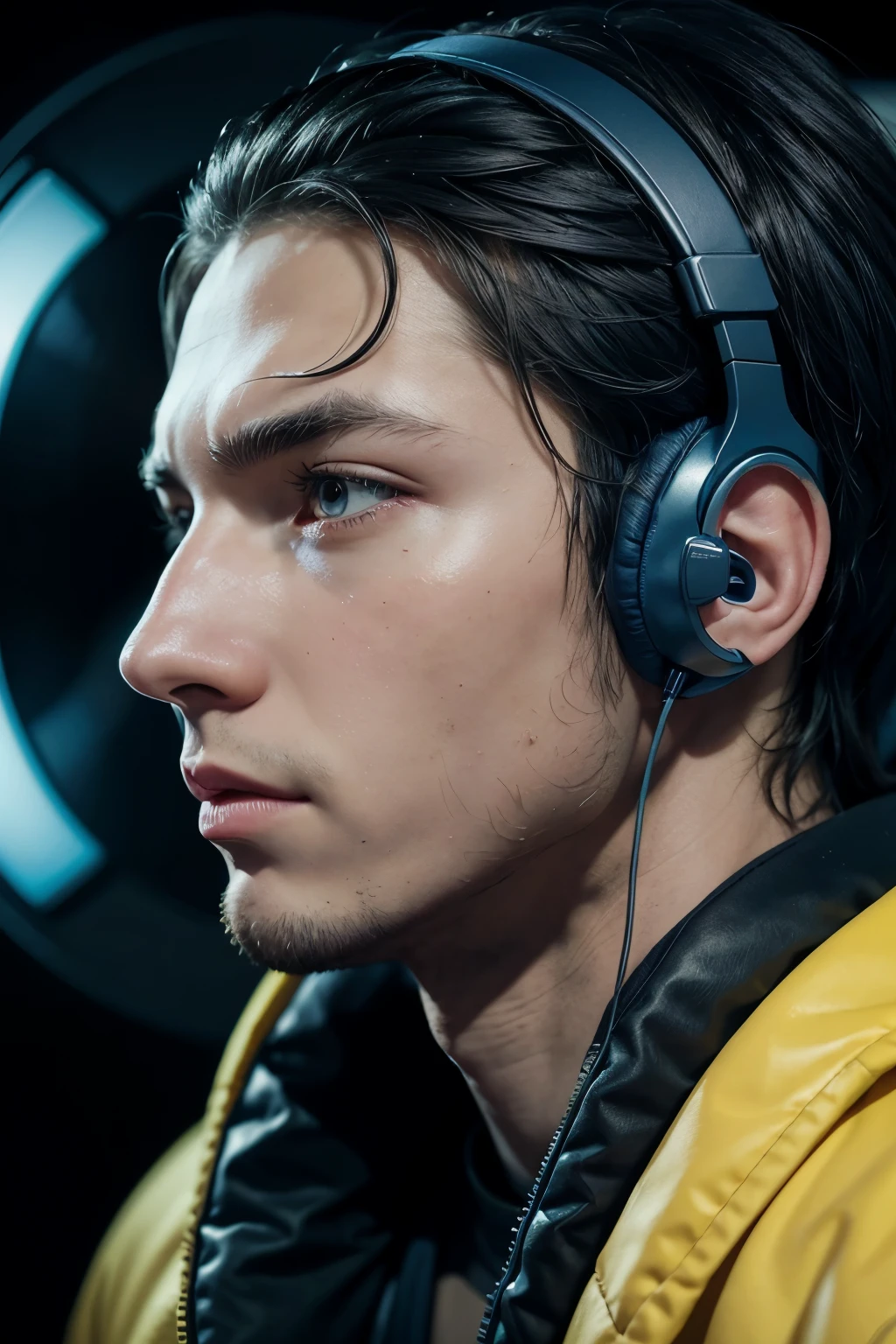 a cartoon image of a man with headphones and a yellow circle around him, cartoon art style, high-quality portrait, profile picture with headshot, avatar image, video game avatar, stylized portrait, varguyart style, image background in dark blue color