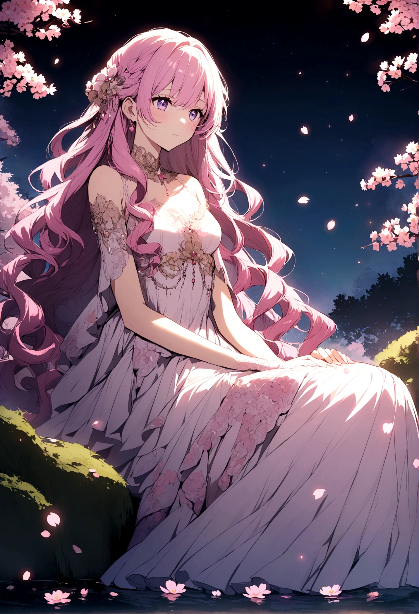 An extremely beautiful anime girl with purple wavy hair with pink tips wearing a detailed pink ballgown sitting under a cherry blossom with a pond below